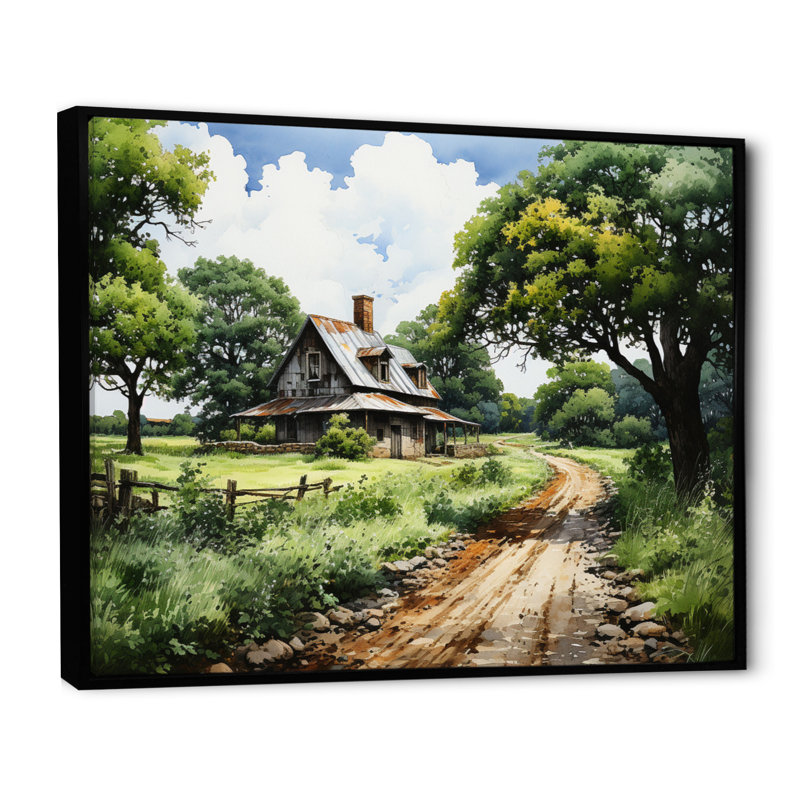 Farmhouse Natures Embrace Pointillism - impression, H 24 po x l 32 po x P 1 po, Cadre flottant noir