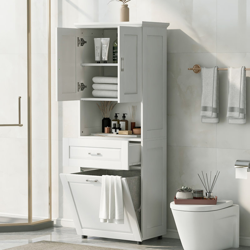 Grande armoire de salle de bain avec panier à linge, Blanc