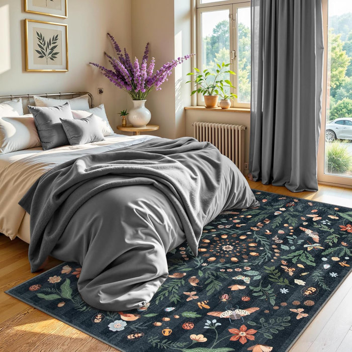 Winston Porter Insect and Plant Vertical Striped Textured Washable Area ...