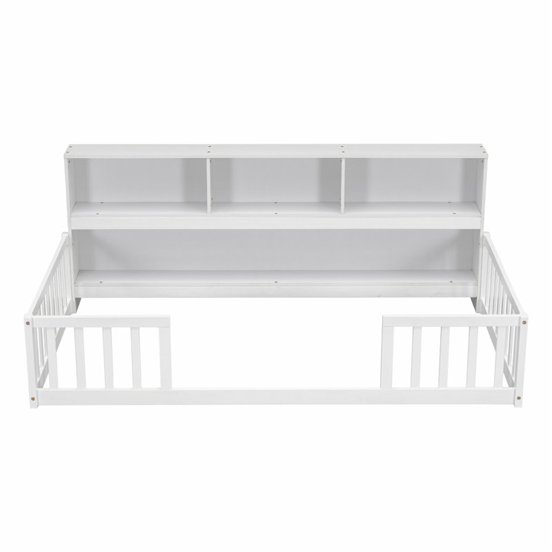 Lit sur pied avec bibliothèque de chevet, tablettes et garde-corps, Blanc, Lit simple