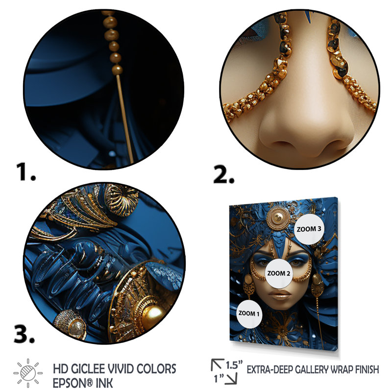 Femme dorée et bleue, portrait de déesse I - déesse, art mural, Cadre flottant noir, H 44 po x l 34 po x P 1,5 po