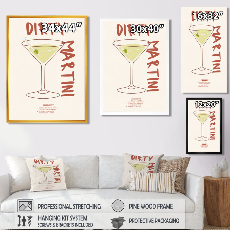 Salon d'art Martini sale avec olive à 5 à 7 cocktails, Cadre flottant noir, H 32 po x l 16 po