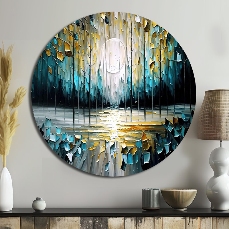 Abstrait, nature, arbres, peinture II - Art abstrait rond en métal, H 36 po x l 36 po x P 1 po