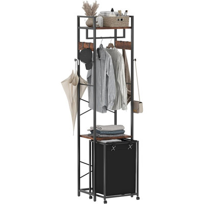 Portemanteau avec panier à linge - Arbre d'entrée autoportant avec tablettes de rangement et sacs amovibles sur roulettes [Noir et brun] - [Bois / Moderne / Entrée]
