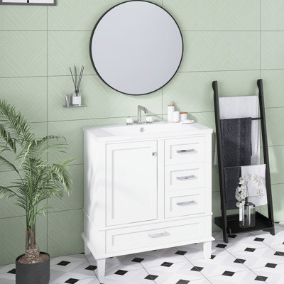 30 pouces Ensemble de meuble-lavabo autoportant blanc avec lavabo simple en céramique |  Une porte à fermeture douce et 3 tiroirs | Structure en bois massif | Armoire de salle de bain moderne
