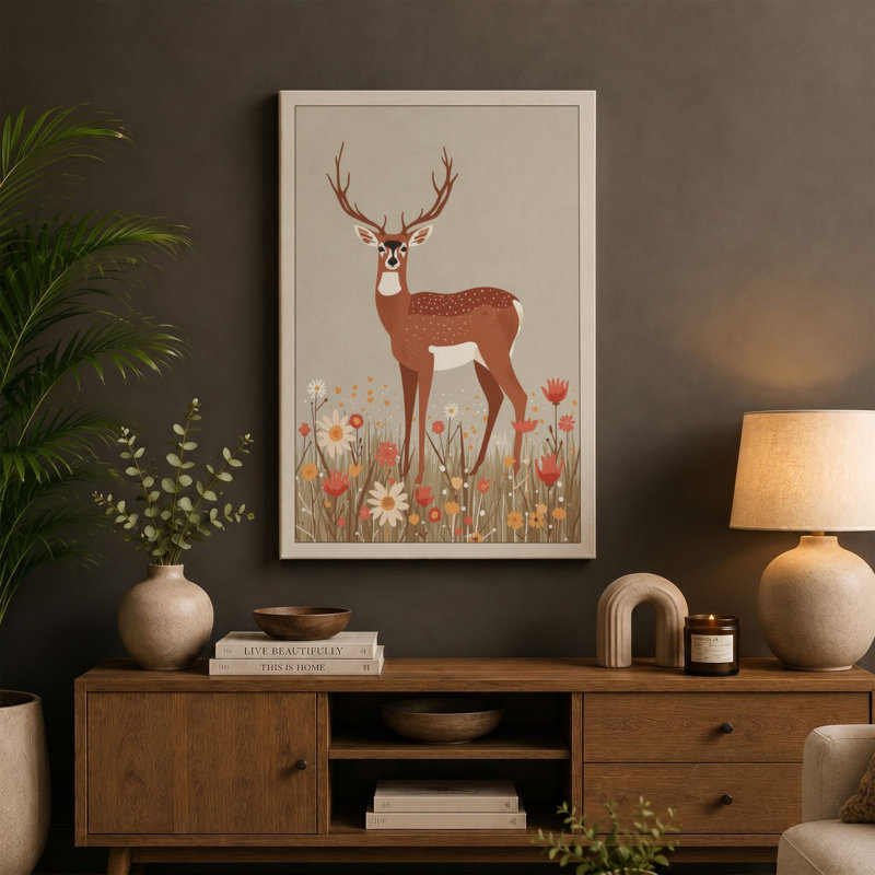 Meadow Deer Mid-Century - Wrapped Canvas, 24x16 - 61.0 x 40.6 cm, Terracotta Border