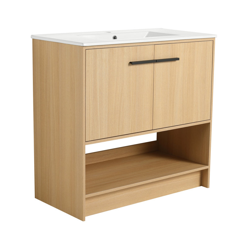 Meuble-lavabo de salle de bain avec lavabo en céramique, 2 portes à fermeture douce, meuble-lavabo autoportant, contreplaqué