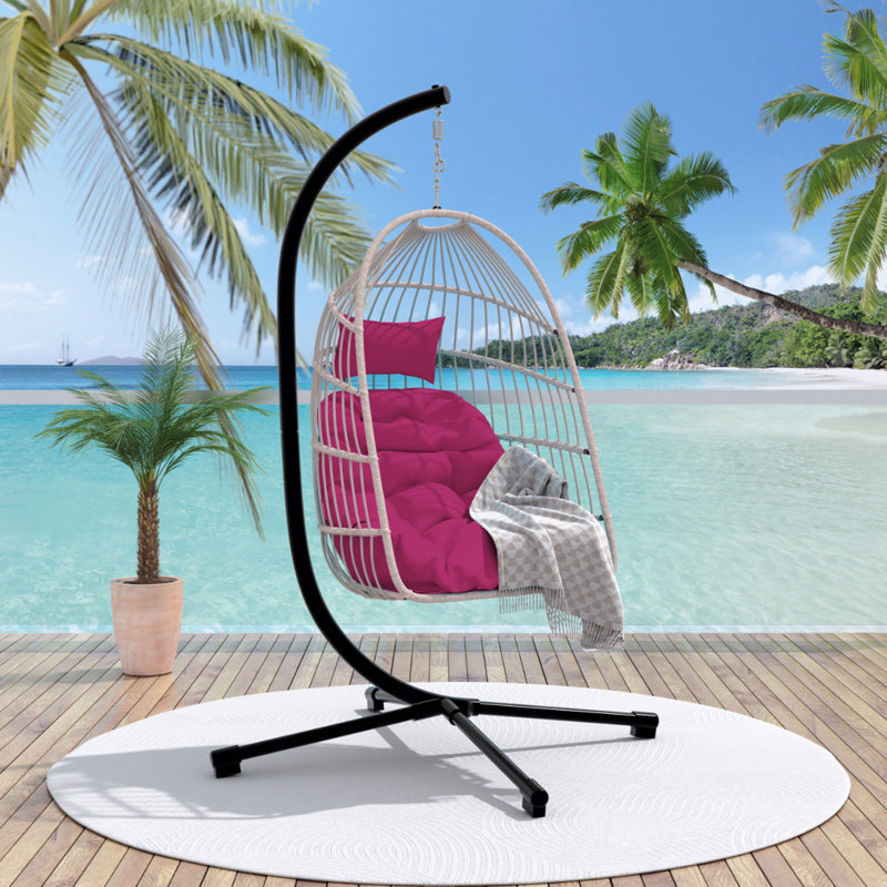 Indoor And Outdoor Hanging Egg Chair, Patio PE Wicker Swing Egg Chair With Stand, Red