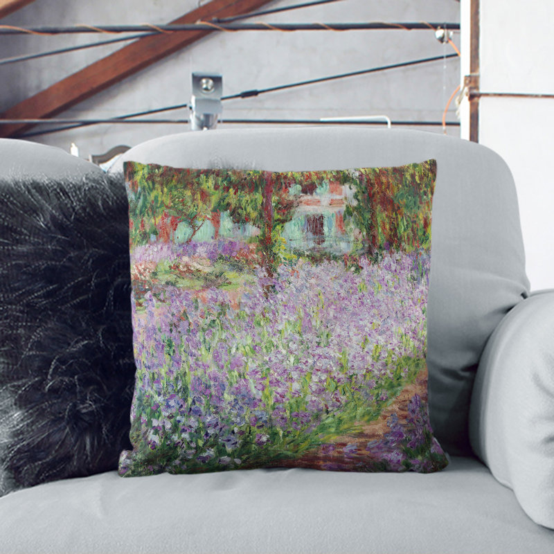 Irises In Monets Garden Floral Square Throw Cushion, White, 40cm H x 40cm W x 15cm D