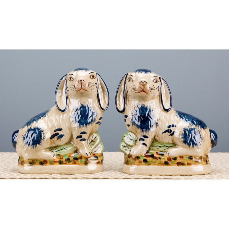 Small Staffordshire Bunny Hares Figurine, Blue/Cream, 8" H x 4" W x 8" D