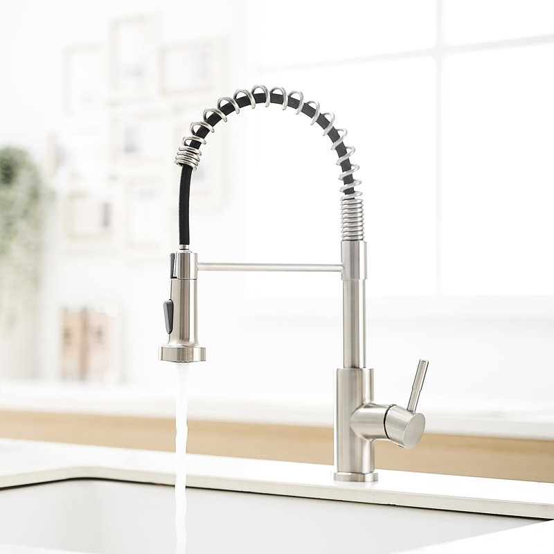 Robinet de cuisine rétractable à poignée simple, nickel brossé, acier inoxydable, robinet au design magnifique dans la poignée, captivant