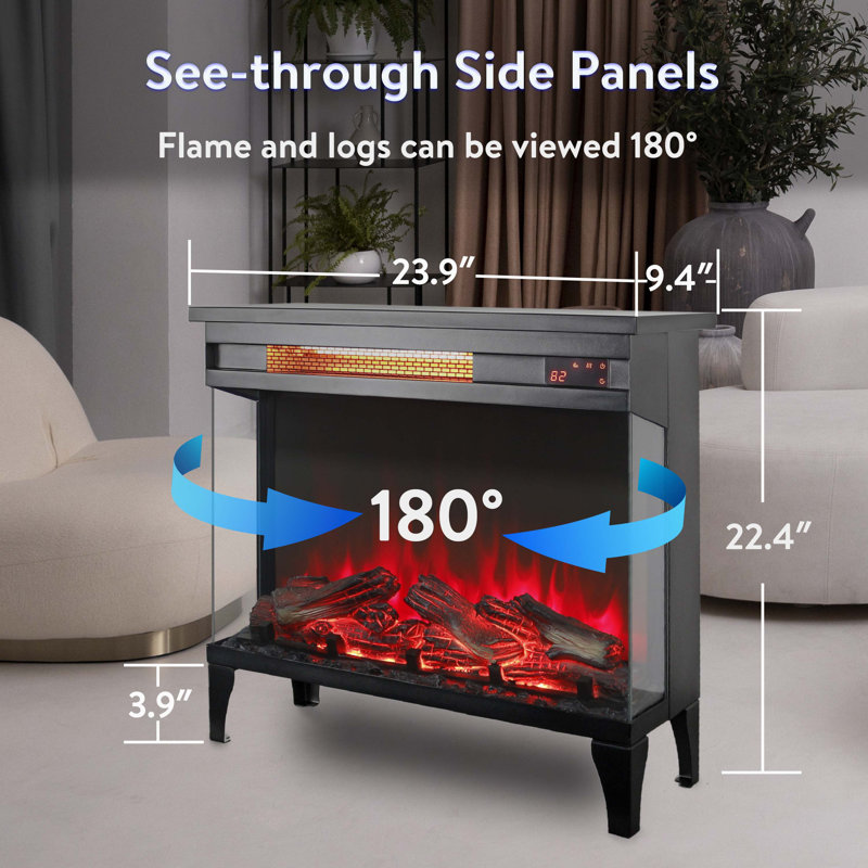 Foyer électrique en verre à trois côtés avec pieds