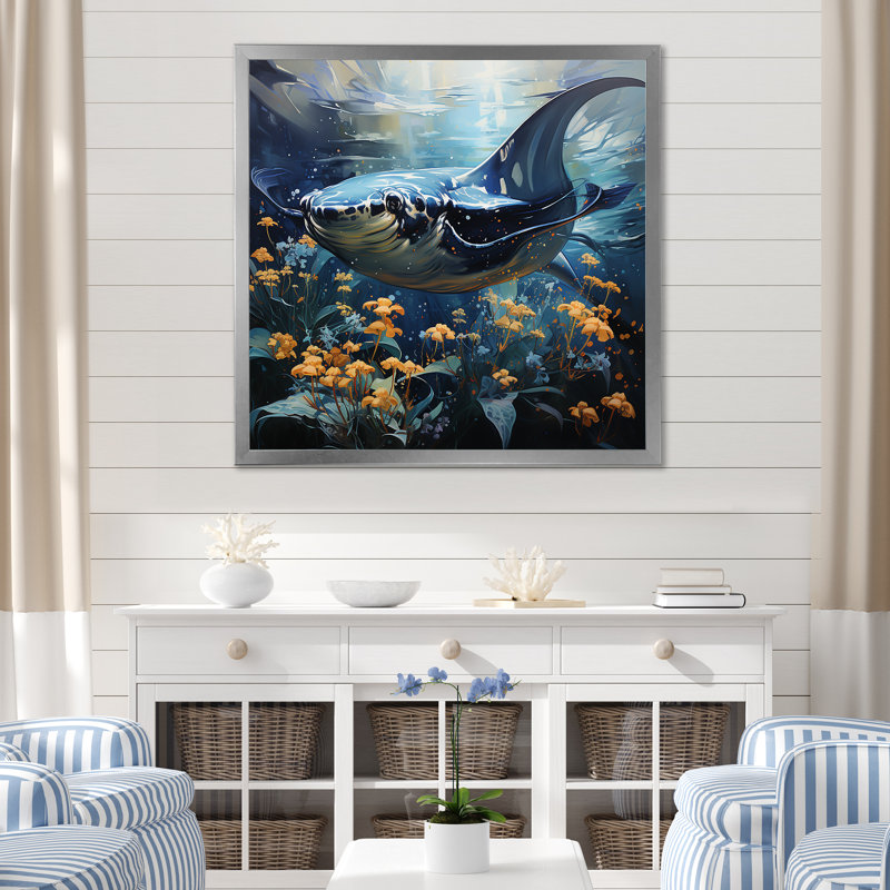 Manta Ray Dance 1 - art mural animaux côtiers, Cadre simple argenté, H 30 po x l 30 po x P 1,5 po
