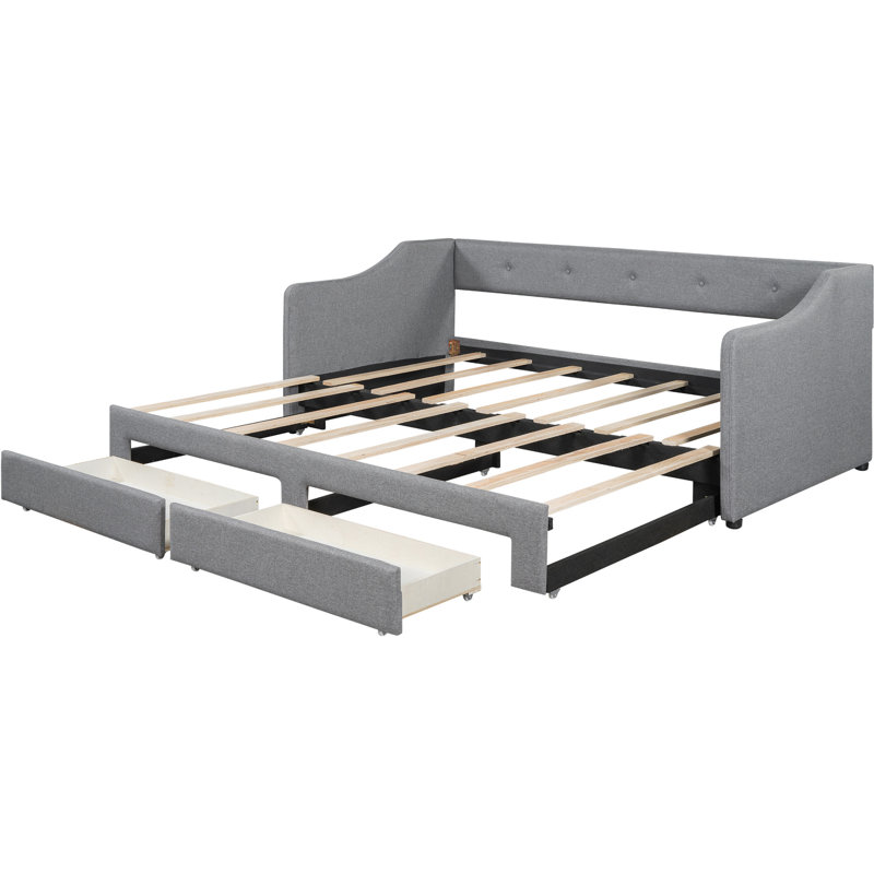 Lit de jour rembourré gris de taille simple TG à très grand lit avec 2 tiroirs - Lit chic et fonctionnel pour tous les tiroirs de la pièce, espace attrayant et confortable