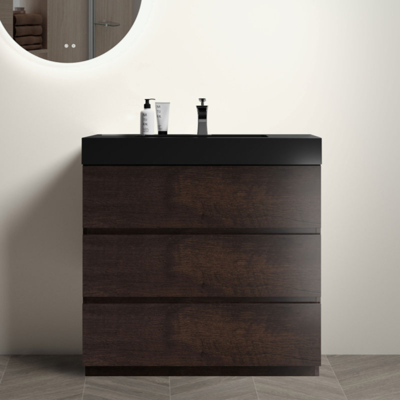 Meuble-lavabo autoportant de 36 po en noyer avec lavabo, grand meuble-lavabo autoportant pour salle de bain moderne, lavabo une pièce noir sans drain ni robinet, pré-assemblé