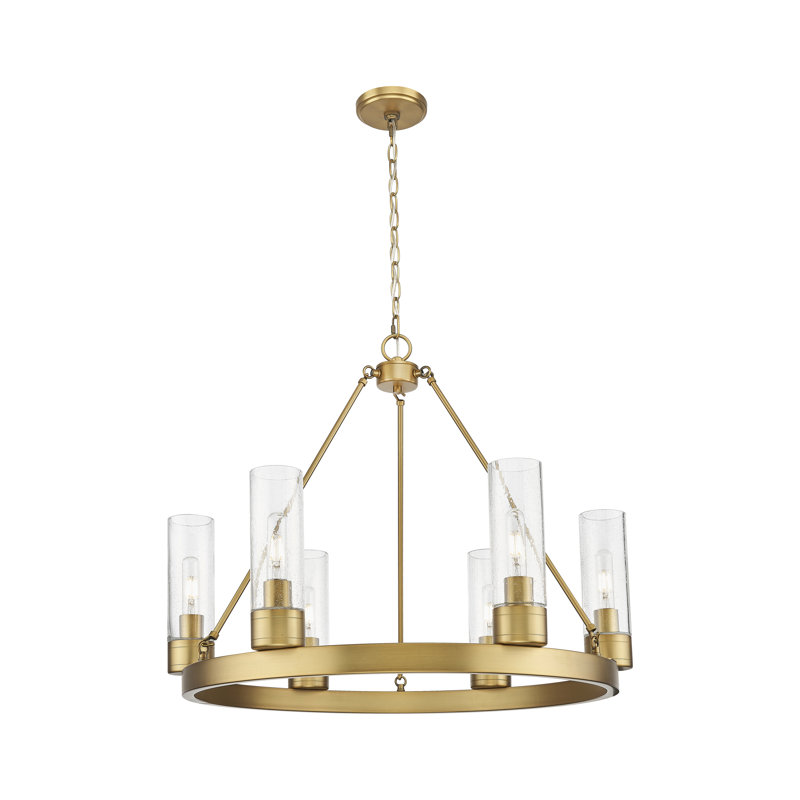 Jaiwan - Lustre 6 lumières avec abat-jour, Grainé, Laiton brossé