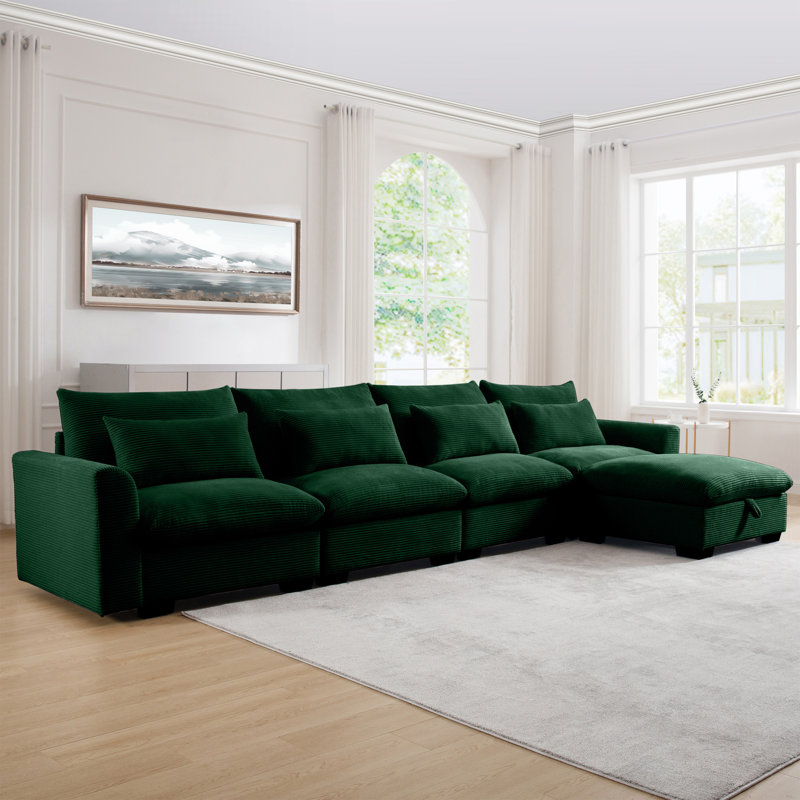 Large L Shape Sectional Corduroy Sofa,deep Seat Couch With Storage Footstool And 4 Waist Pillows, Green Corduroy