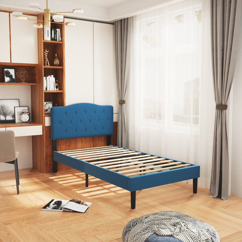 Twin Size Upholstered Bed with Adjustable Headboard, Twin Platform Bedframe Set of 2, Wooden Slats Support, No Box Spring Needed