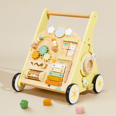 Wooden Baby Push Walker With Activity Center, Adjustable Speed Toddler Learning Walker With Xylophone, Shape Sorter And Storage Space