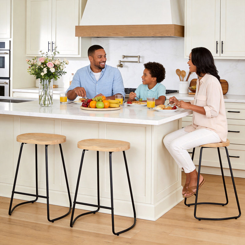 llle Solid Wood Backless Saddle Seat with Footrest Stool Set, Counter Stool (26" Seat Height), 3, Burlywood/Black