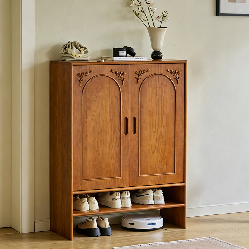 Solid Cherry Wood Natural‑Tone Large‑Capacity Shoe Cabinet with Adjustable Shelves