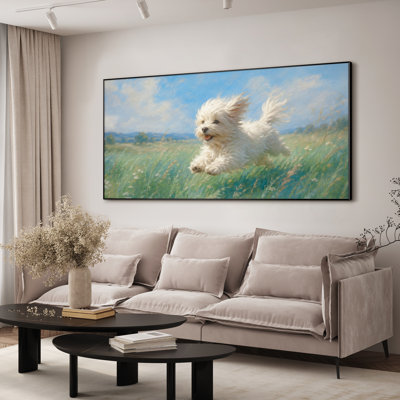 Très grand art mural imprimé sur toile - Chiot blanc traversant un pré vert sous un ciel bleu, scène de nature pour le salon ou la chambre à coucher «Assemblage requis (cadre non fini)»