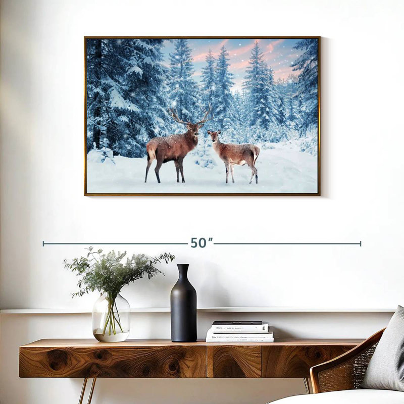 Cerf Winter Wonderland, Cadre flottant doré, 37 po x 25 po