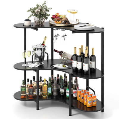 3-tier Home Bar Unit With Stemware Racks & Storage Shelves With Metal Frame