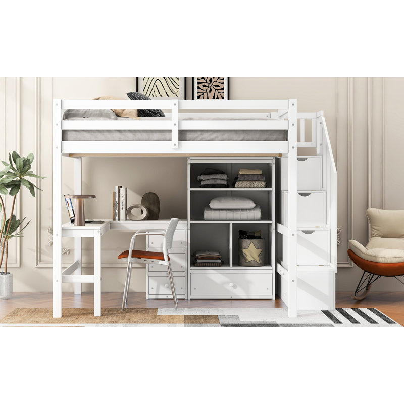 Lit mezzanine blanc double avec bureau en L, tiroirs pratiques, armoire et escalier de rangement avec ornement polyvalent à thème