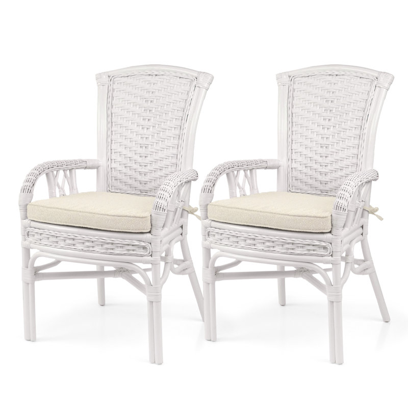 Set Of 2 Delberta Dining Armchairs Natural Rattan Wicker Handmade Design With Cushion, White Color, White/Beige