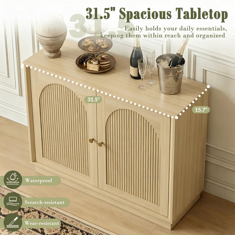 Modern Buffet Cabinet With Storage, Fluted Sideboard Accent Cabinet With Adjustable Shelves & Arched Doors, Modular Coffee Bar Credenza For Dining Room Kitchen Living Room Entryway, Natural