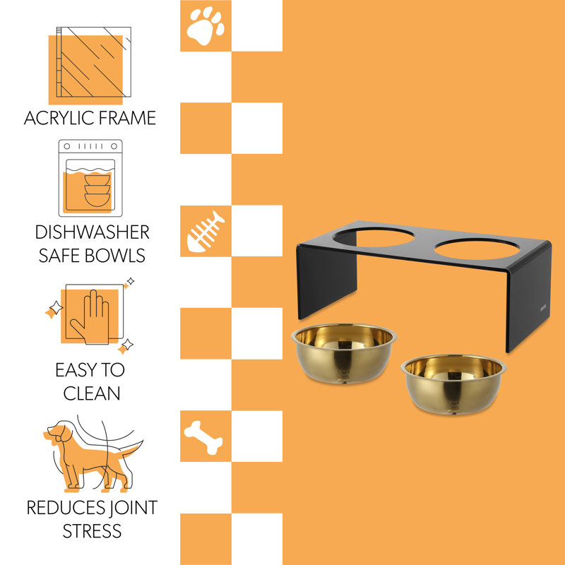 Keaton 7.5" Black and Gold Modern Elevated Pet Feeder with Stainless Steel Bowls