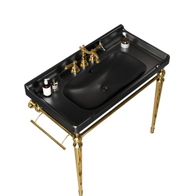 Console de lavabo de salle de bain 36 po, lavabo en céramique noire avec 3 trous de robinet, pieds autoportants en acier inoxydable et barre à serviettes, console de 36 po de qualité supérieure, robinet et rail, robustesse de finition