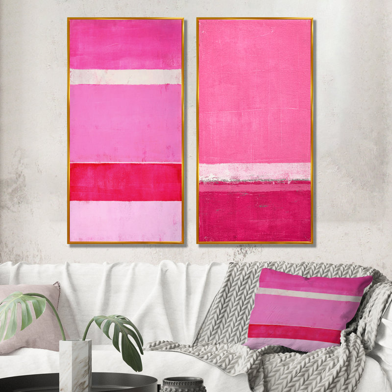Ensemble de 2 peintures sur toiles fuchsia et blanc, H 40 po x l 40 po x P 1 po, Cadre flottant doré