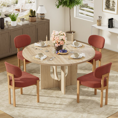 Farmhouse Modern Round Dining Set 47.3" MDF Table + 4-6 Upholstered Fabric Chairs, Curved Backrest, Thick High-Density Sponge Cushion for Kitchen Dining Room
