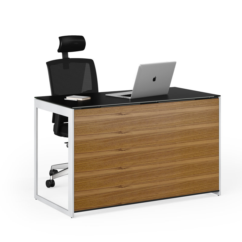 Sequel Desk With Back Panel - Charcoal Stained Ash, Black Metal, Natural Walnut/Satin Nickel