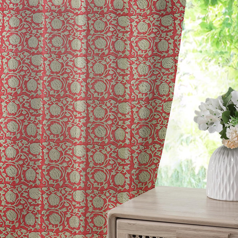 Handmade Block Print 100% Blackout Floral Pattern Curtain Soft Boho Pleated Pinch Drape for Home, Office, Living or Bedroom, Kitchen Pink and Blue, 6 Kamal