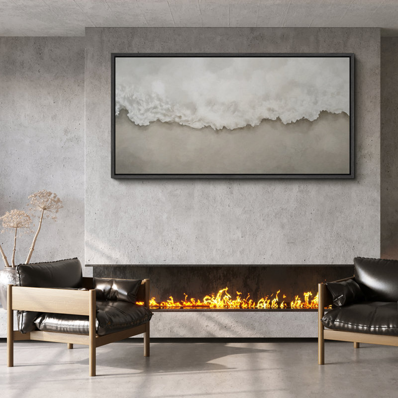 «Waves Crashing on Shore», toile encadrée - Scène côtière minimale dans des tons neutres, H 30 po x l 60 po, Noir