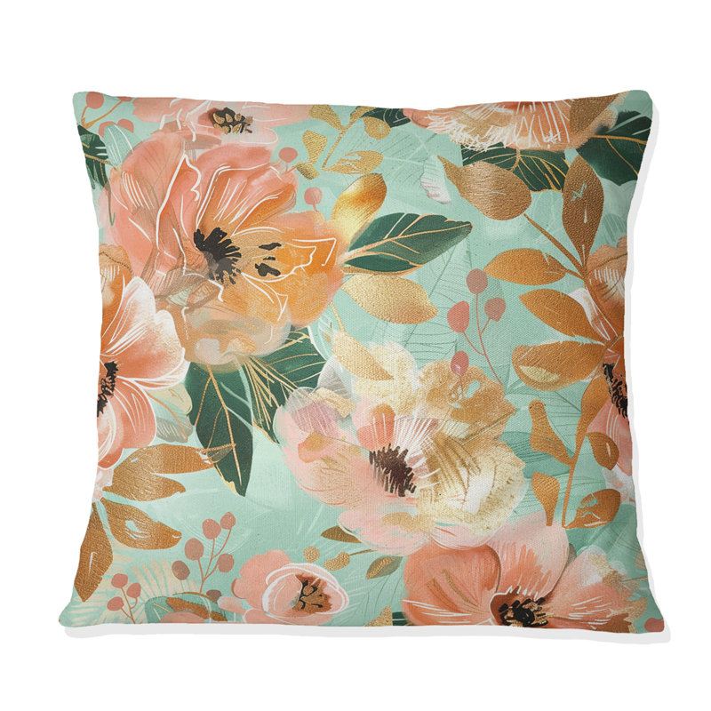 Peach Gold Floral Retro Blooms - Coussin décoratif rétro Floral, H 18 po x l 18 po