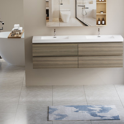 Meuble-lavabo mural 72 po avec lavabo 72 po, lavabo mural mural moderne avec lavabo en résine et quatre tiroirs à fermeture douce