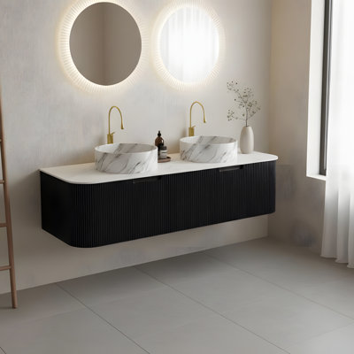 Meuble-lavabo flottant mural 60 po avec 2 lavabos ronds en céramique et 2 tiroirs