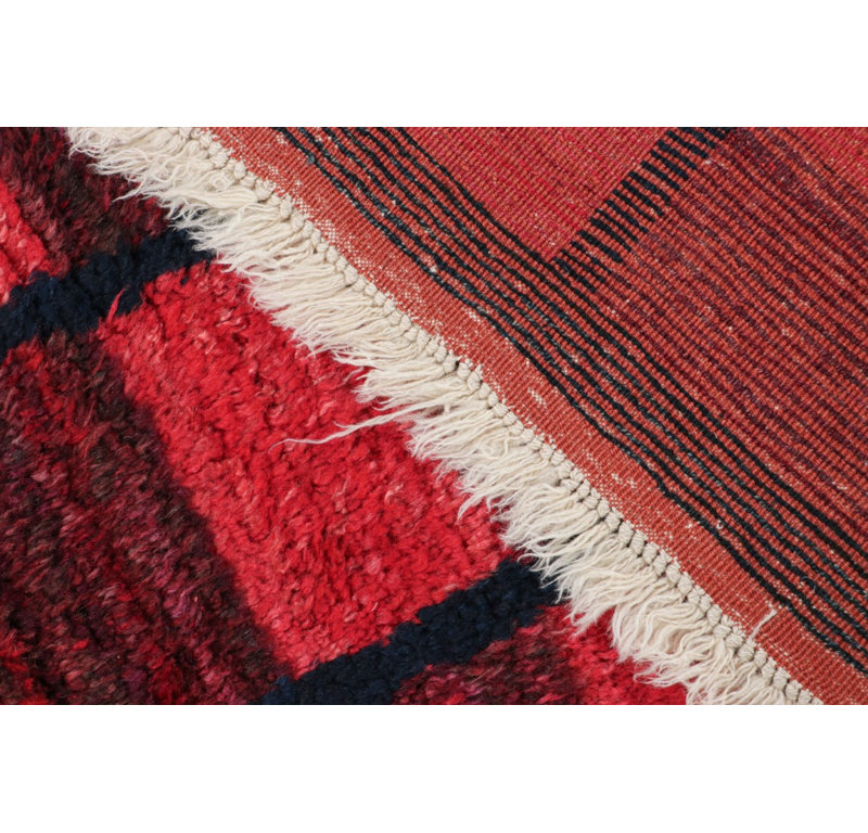 1950s Vintage Tulu Rug in Red/Black Geometric Pattern, Shag Pile