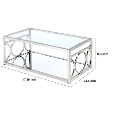 Table basse Paire de 47 po, plateau en verre, tablette inférieure en miroir, détails en métal