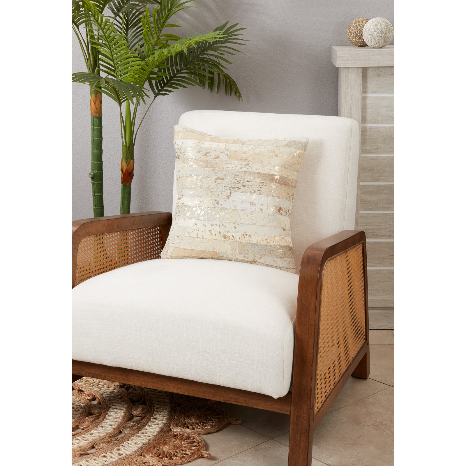 Ilara Leather/Suede Pillow Cover, Ivory/Gold