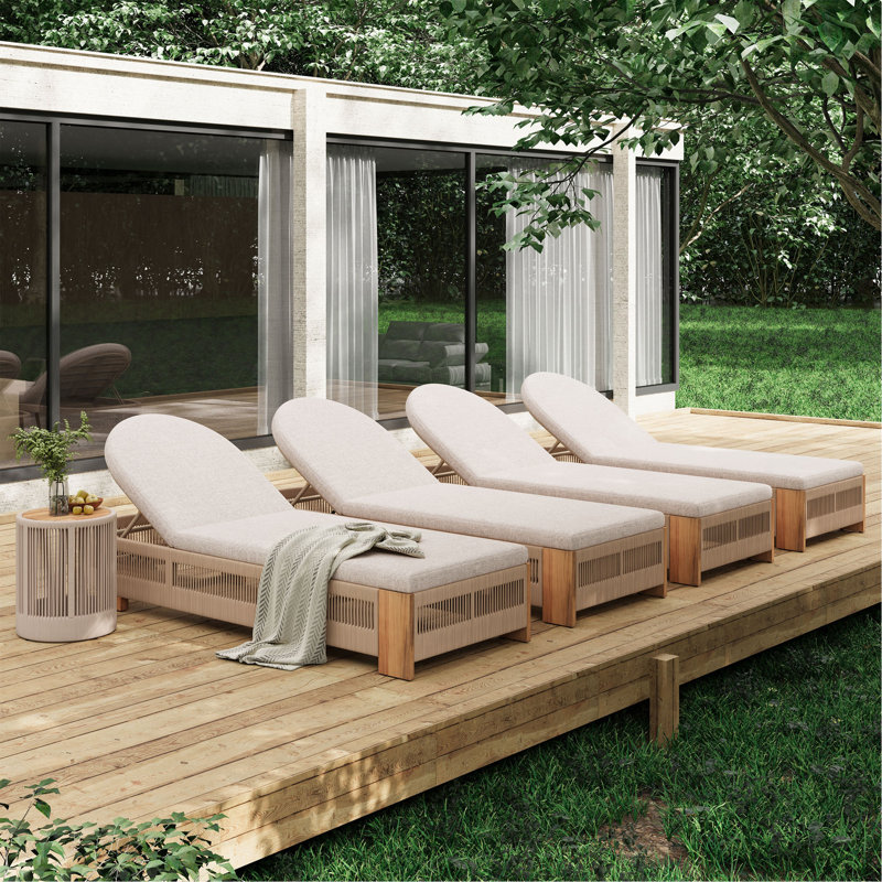 Outdoor Rope Chaise Lounge Set, Patio Lounge Chairs, Outside Poolside Lounge Furniture, Teak Look Wood Side Table And Beige Cushions, Chaise Lounge With Adjustable Backrest