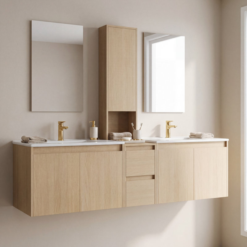 Meuble-lavabo double 72 po avec armoire supérieure, lavabo en céramique et conception sans poignée 72 po, Frêne, 72"