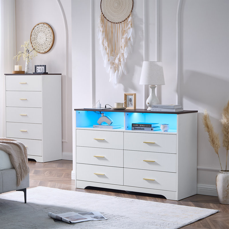 Farmhouse 47'' W 6 Drawer Bedroom Dresser, Wood Wide Chest of Drawers, Closet Storage for Bedroom