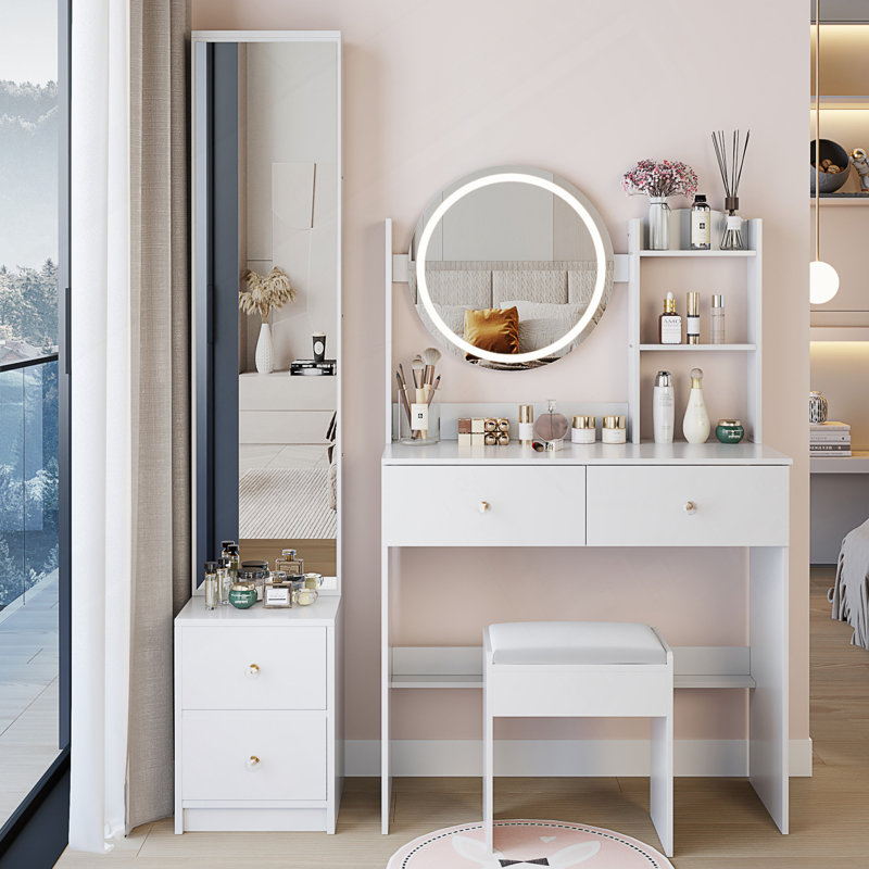 Armoire à miroir pleine grandeur avec coiffeuse à DEL et tabouret rembourré, Blanc