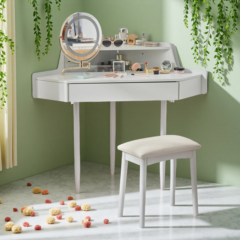 Meuble-lavabo de coin moderne avec grand rangement, miroir DEL et tabouret, luminosité réglable, peu encombrant