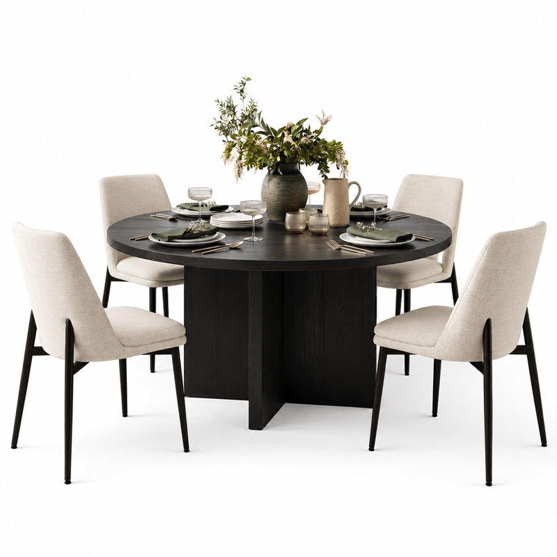 Modern 5-Piece Round Dining Set With Pedestal Base Table And Upholstered Side Chairs, Beige